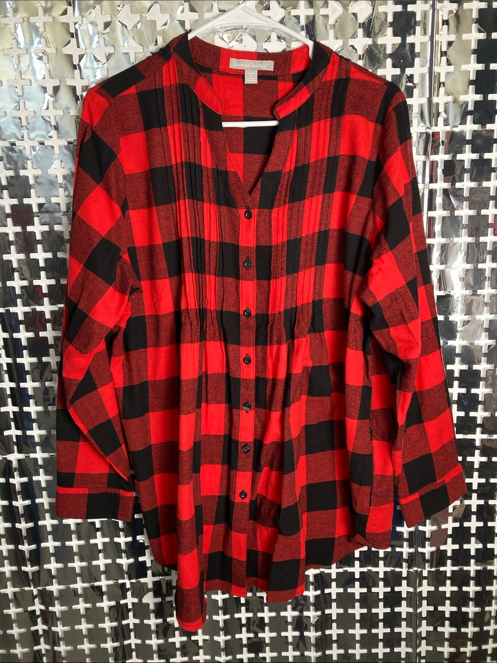 Woman Within Red & Black Plaid Pintuck Button-Front Shirt